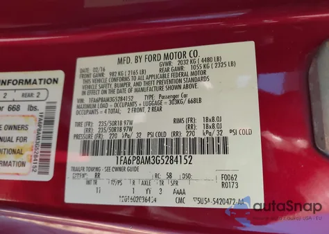 2016 Ford Mustang V6 из США, поврежденный, VIN 1FA6P8AM3G5284152